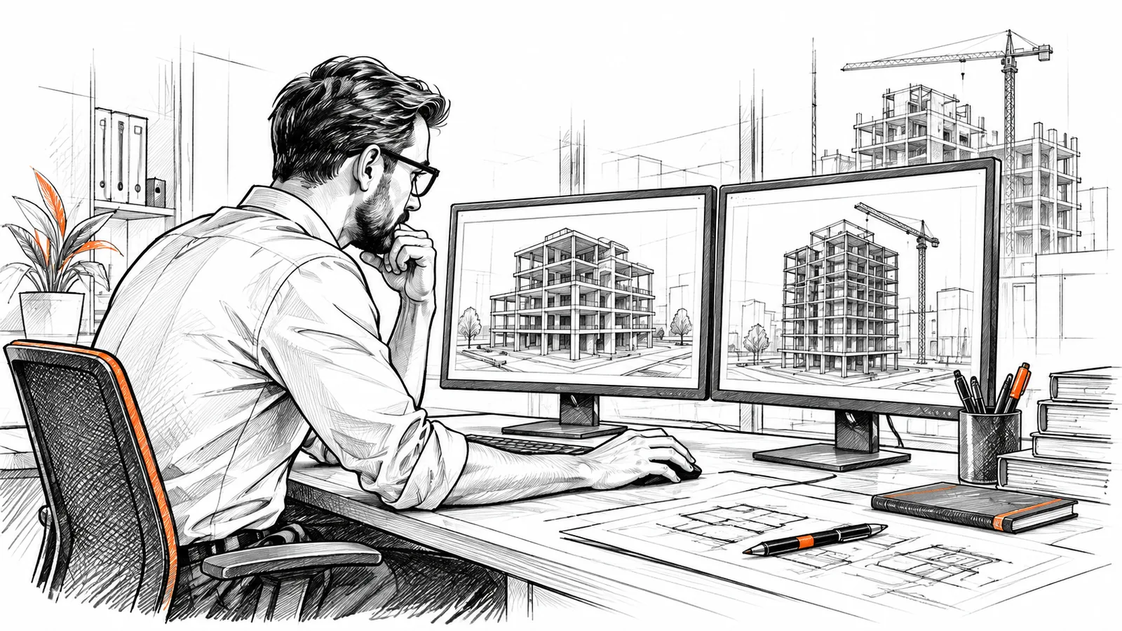 A BIM coordinator at two monitors showing building models.