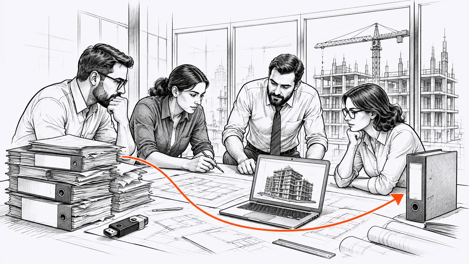 Ink drawing of a design team around a table with architectural drawings and a laptop showing a building model, with a construction site behind the window.