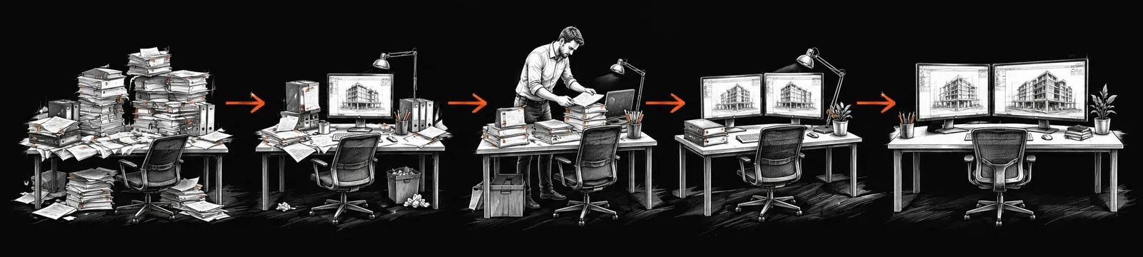 Ink drawing of desks in a row, from piles of paper and binders to a tidy workstation, linked by orange arrows.