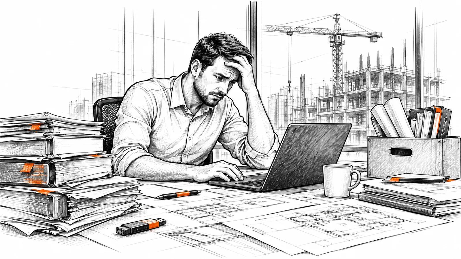 A designer at a laptop among printouts, binders and a USB drive.