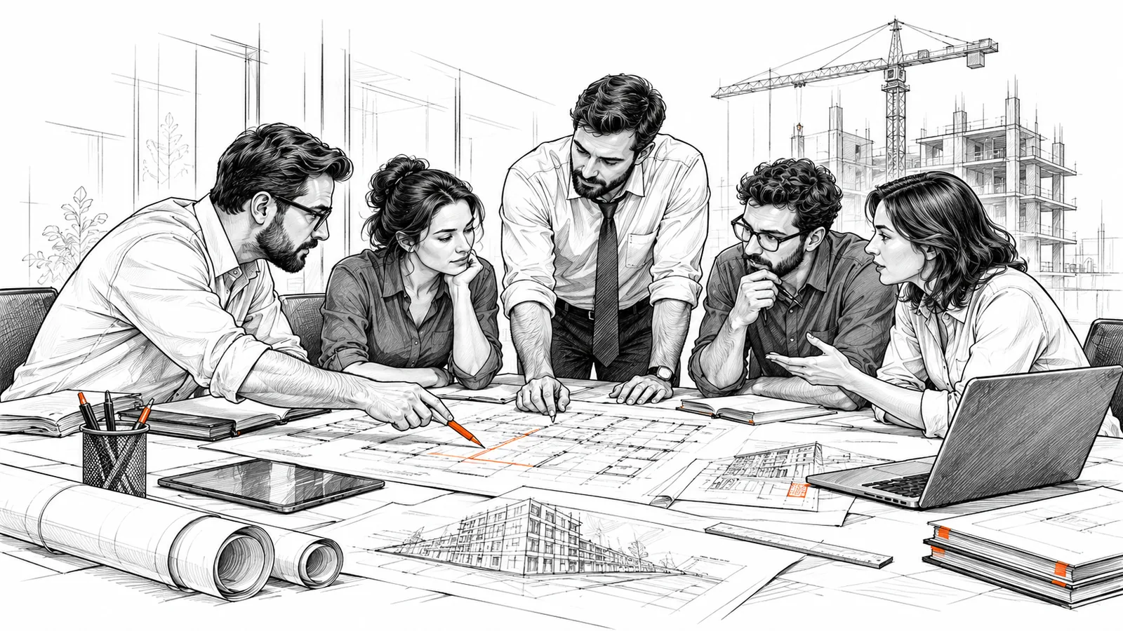 A team around a table agreeing who creates, checks and approves drawings.