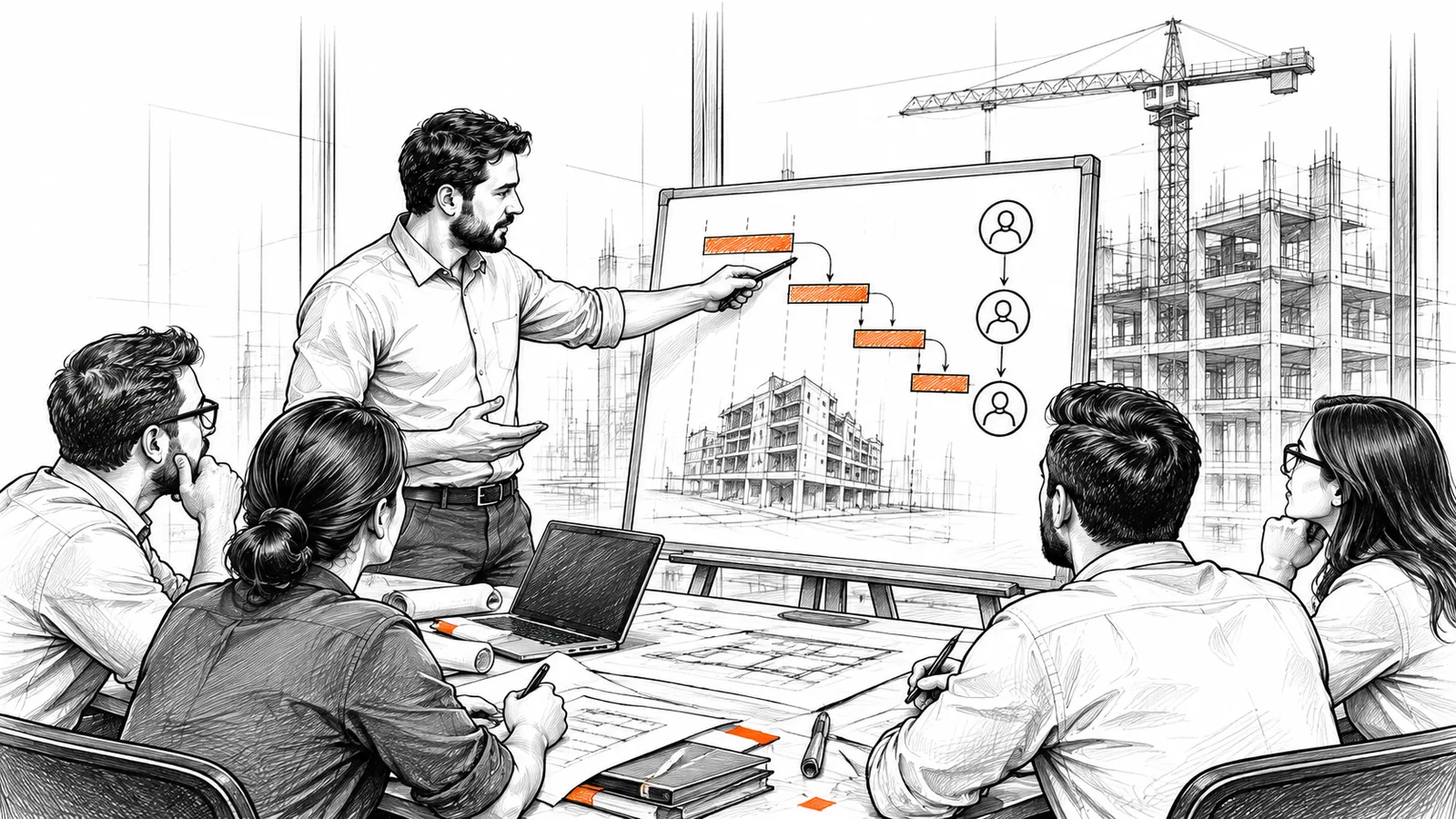 A manager pointing at a simple progress chart on a board.