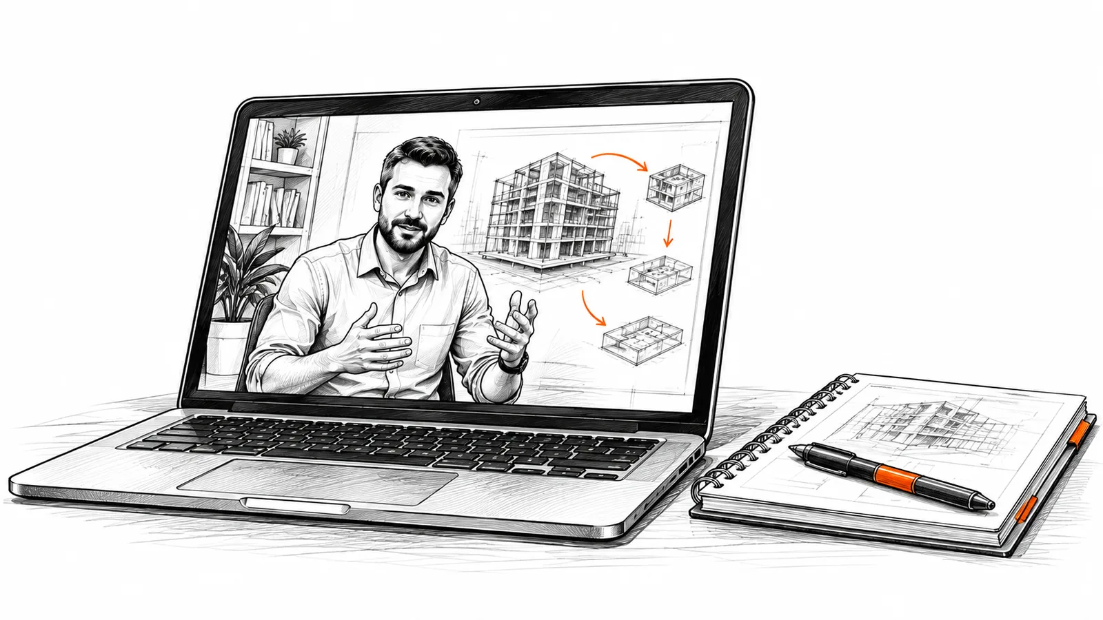 A laptop showing a video lesson, with a notebook and pen.
