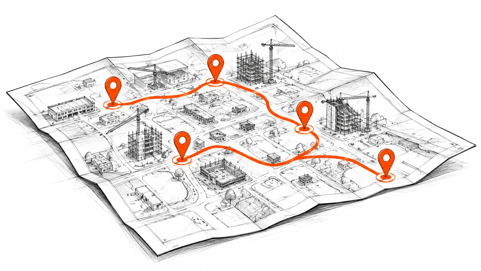 A map with an orange route connecting pinned points.