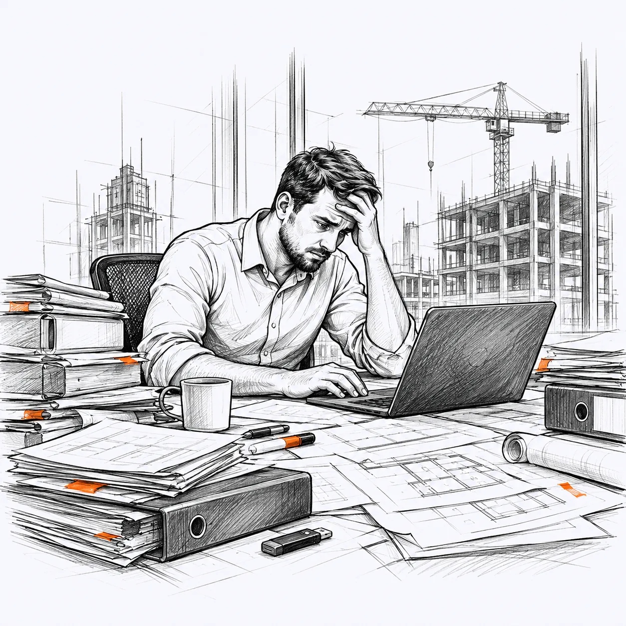 Ink drawing of a tired engineer at a laptop among binders and stacks of paper.